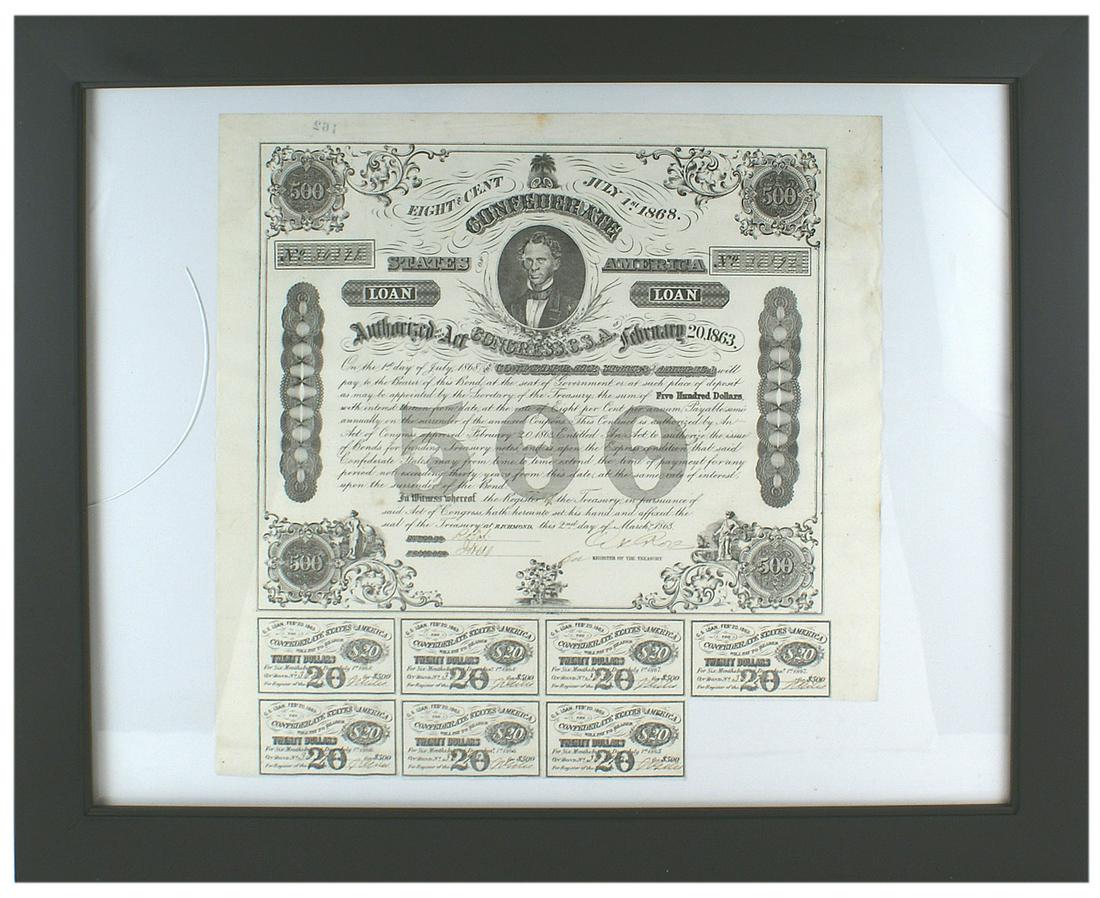 Confederate States Type 133 $500.00 bond Framed: K-071 Confederate States Of America Type 133, $500.00 bond. Dated 2 March 1863. Portrait of Secretary Christopher G. Memminger and signed by "Rose" Register of the Treasury. Seven Payment coupons stil