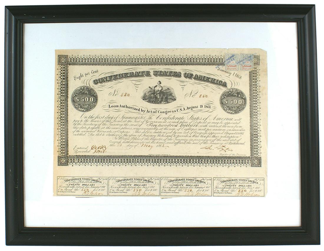 Confederate States Type 40 $500.00 bond Framed: K-072 Confederate States Of America Type 40, $500.00 bond. Dated 23 May 1862. Commerce on a Cotton bale. Signed by Tyler, Register of the Treasury. Four payment coupons still attached. Framed 16 1/4" 