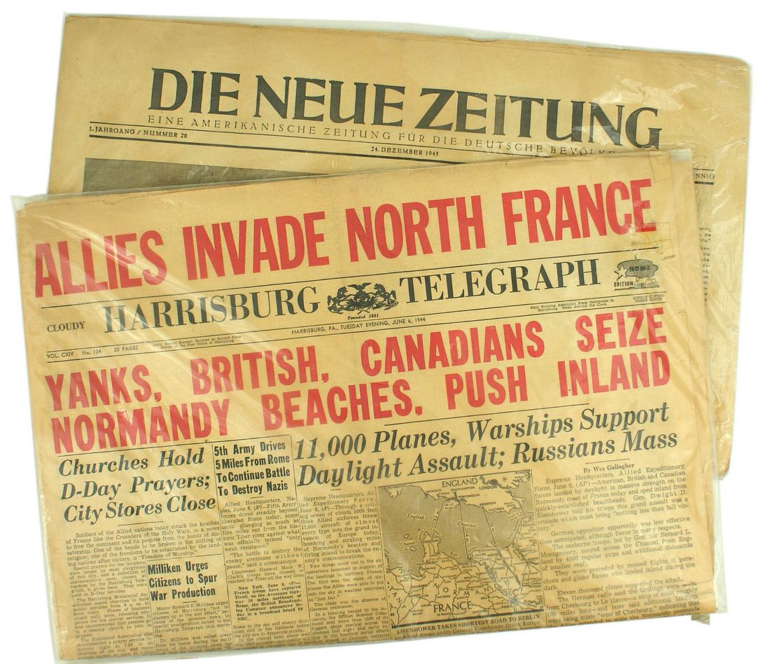 US WWII newspaper ALLIES INVADE FRANCE: Q-019 "ALLIES INVADE NORTH FRANCE" - headline of the "HARRISBURG TELEGRAPH" June 6, 1944 edition. "YANKS, BRITISH, CANADIANS SEIZE NORMANDY BEACHES, PUSH INLAND", continues with specific news. Also, w