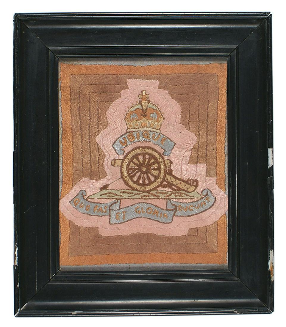 British antique military embroidery Circa 1900: G-022 British antique military embroidery. Multi-color presentation of a crowned artillery badge. Includes the motto "UBIQUE QUO FASET GLORIA DUCUNT". Mounted in a period blackened gesso frame. Overal