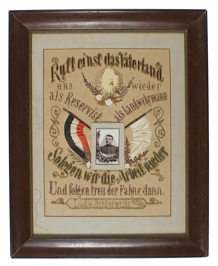Imperial German framed print military service Bavarian: G-026 Bavarian commemorative military service frame. Portrait of soldier mounted between flags and relief gilt lettering- "If the Fatherland Calls Us Again We Will Leave Our Work and Follow The Flag".