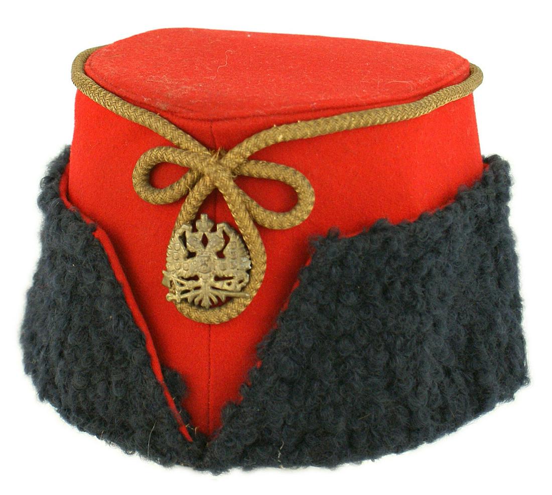 Imperial Russian 2nd Pioneer Battalion cap: E-106 Imperial Russian 2nd Pioneer Battalion cap. 5" tall "cheese box" type, ridged red doeskin body with a flat top. Heavy gold bullion piped crown and inverted "cloverleaf" holding a crowned double