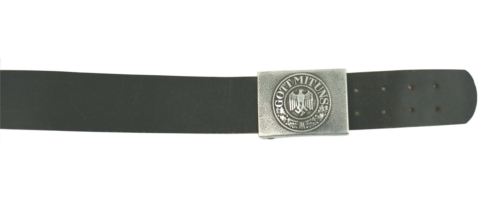 German WWII Army EM belt and buckle: F-019 German WWII Army EM belt and buckle. Pebbled aluminum buckle with a relief eagle/swastika, "GOTT MIT UNS" and oak leaves. Marked with makers logo "FLL". Solid back leather belt marked "0/0676" a