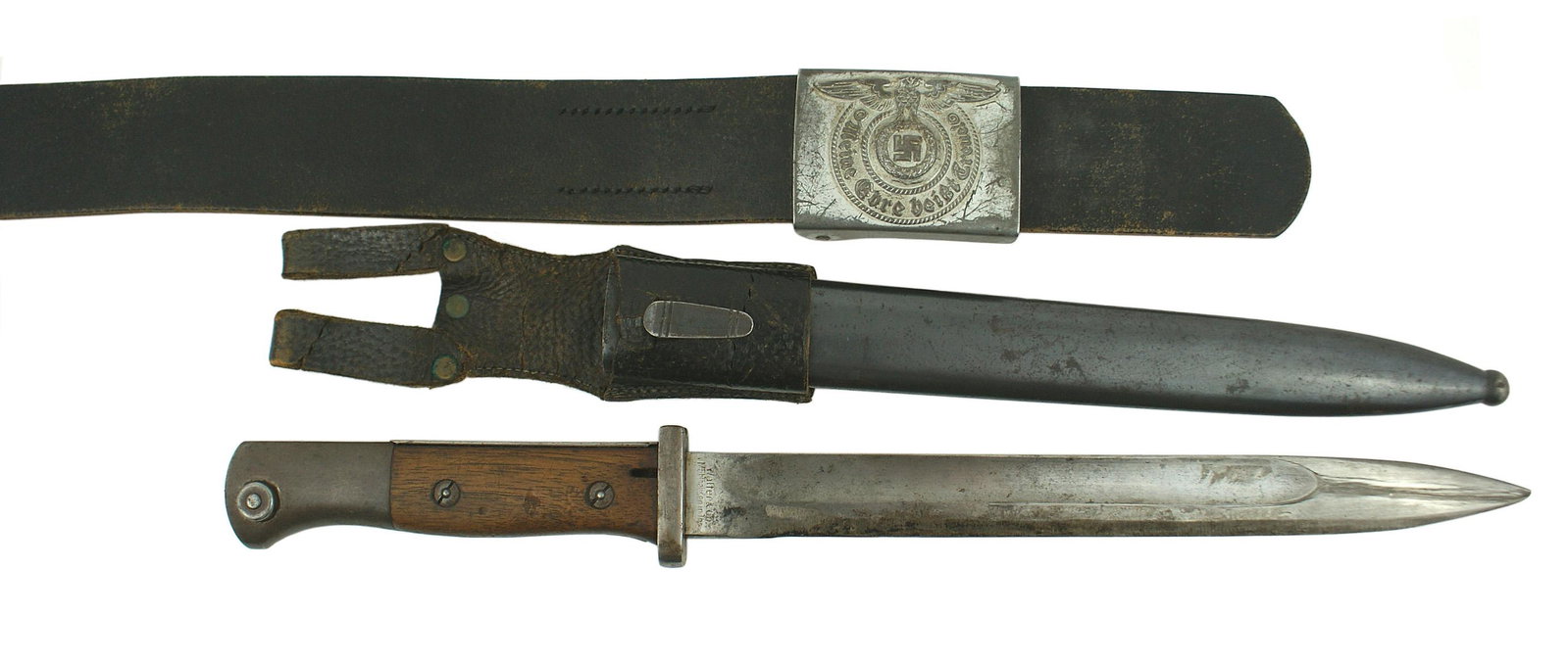 German WWII SS leather belt and bayonet: F-020 Third-Reich SS leather belt buckle and bayonet. Belt stamped "VA 418 - 38 - SS". Steel buckle retains 75% of the silver-gray finish on the eagle/swastika/"Meine Ehre Heisst Treue" motto. Marking