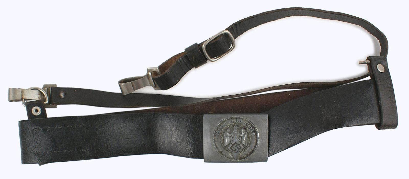 Hitler Youth Corps leather belt and buckle: F-022 German WWII Hitler Youth Corps leather belt and buckle. 1 3/4" wide black leather belt with a war time metal buckle (eagle/swastika/diamond "Blut und Ehre"). Reverse is marked "RZM M4/39" with t