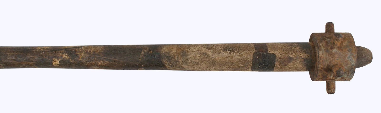 German WWI trench club: N-002 German WWI trench club. 17" round shaft with a heavy 1 5/8" wide iron collar having six round extended posts. Retains some of the original gray finish. Bottom end of the handle is chipped. About
