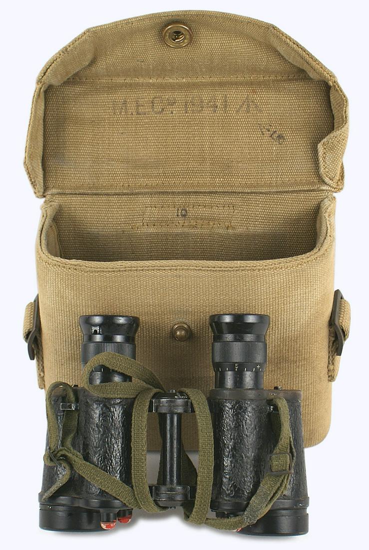 British WWII binoculars: N-033 British WWII binoculars. Marked "BINO PRISOM NO 2 MKII" and "KERSHAW LEEDS 1943". Black finish was partially removed. Lenses in very good condition. Cloth neck strap. Rigid OD carrying case. Abo