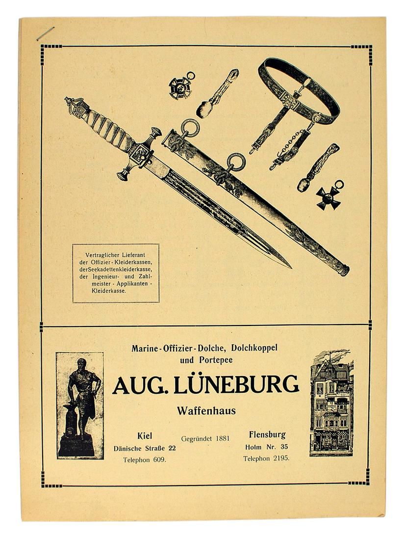 German WWI edged weapons catalogs Waffenhaus: I-001 WWI original German Period edged weapons catalogs: "AUG. LUNEBURG - Waffenhaus". 9 pages of illustrated edged weapons (5 pages of Imperial German Navy daggers), medals and uniform accessories. I
