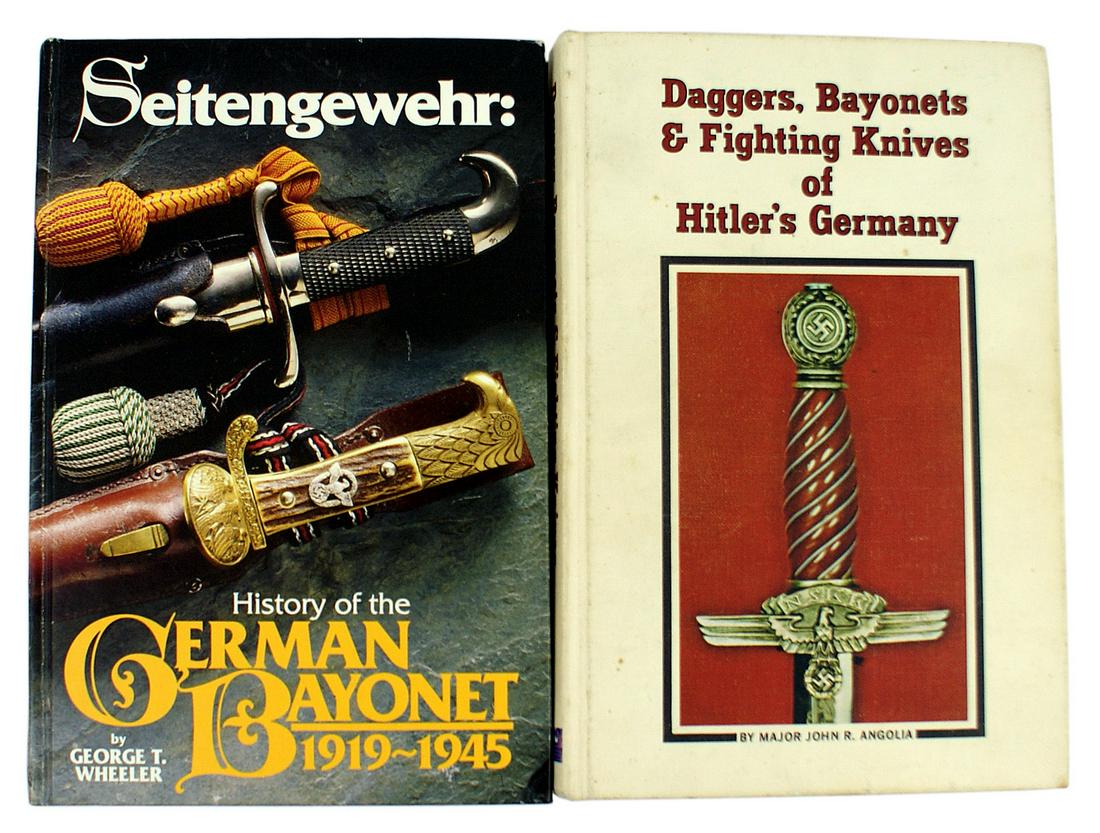 Lot of 2 German WWII edged weapons reference books: I-043 Lot of 2: (1) "Seitengewehr: History of the German Bayonet 1919 - 1945" by George T. Wheeler. 1999 - 1st edition. 328 pp. New. (2) "The Daggers and Edged Weapons of Hitler's Germany" by Ltc. Jam