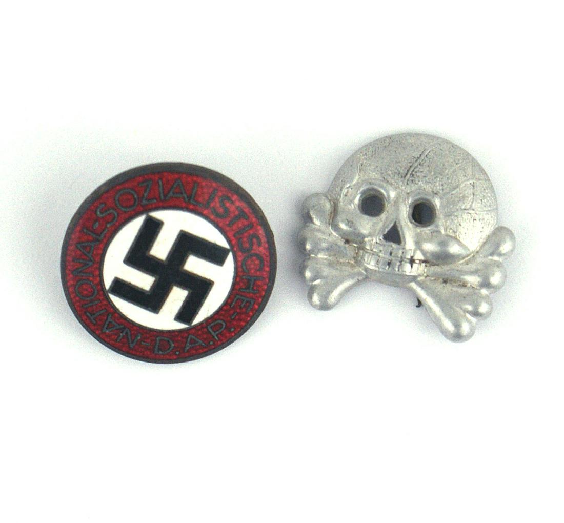 German WWII NSDAP member lapel badge: B-011 German WWII N.S.D.A.P. member's lapel badge. Enameled convex shape with a black tilted swastika on a white field, within a red border with wording. Reverse is marked "RZM" and "M1/128". Also, wi
