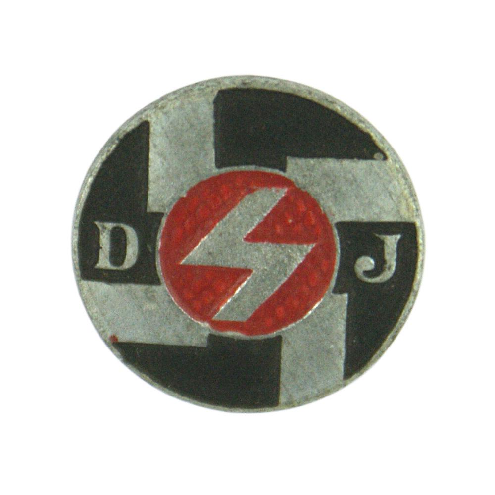 German WWII DJ Youth member badge: B-014 German WWII DJ (German Youth) member's badge. Round black field with a silver lightning bolt (on red) within a stylized swastika and "DJ". Reverse is marked "RZM" and "M1/63". II