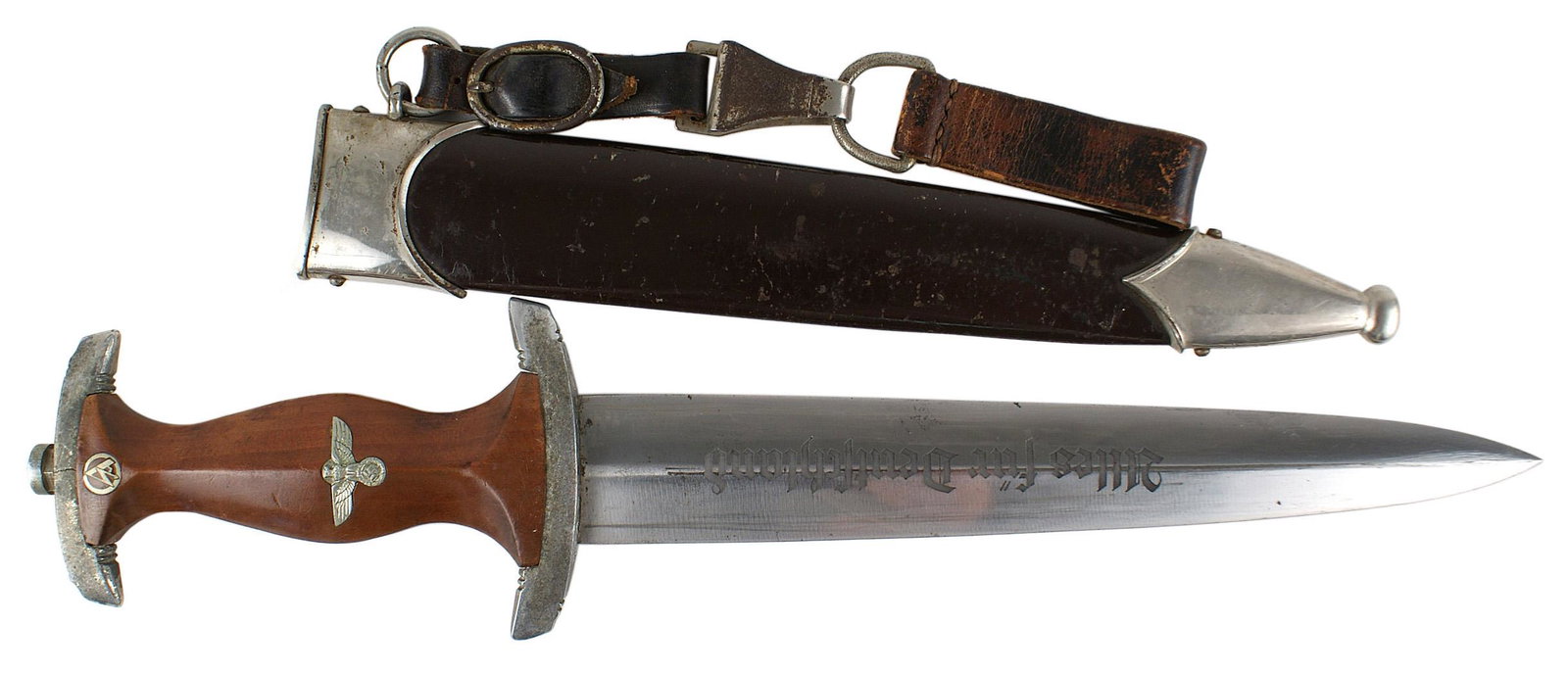 German WWII NSKK dagger: D-005 Third-Reich NSKK dagger. Same type as the SA dagger. Rosewood grip with a silvered eagle/swastika and "SA" insignia. Finish is worn on both crossguards. Upper has an age crack. About excellent b