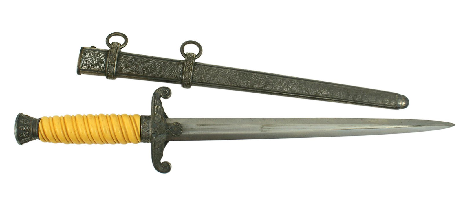 German WWII Army officer dagger: D-009 German WWII Army Officer dagger. Off - white grip. Darkened patina on the oak leaf decorated pommel/ferrule and eagle/swastika crossguard. Excellent 10 1/4" unmarked blade retains some of the or