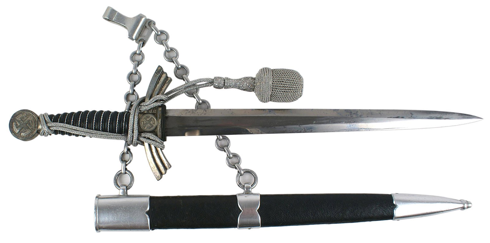German WWII Luftwaffe 1st Model dagger: D-017 German WWII Luftwaffe 1st Model dress dagger. Most of the finish is gone from the darkened "sun wheel" swastika on pommel and center of the turned-down winged crossguard. Replaced silver wire wr
