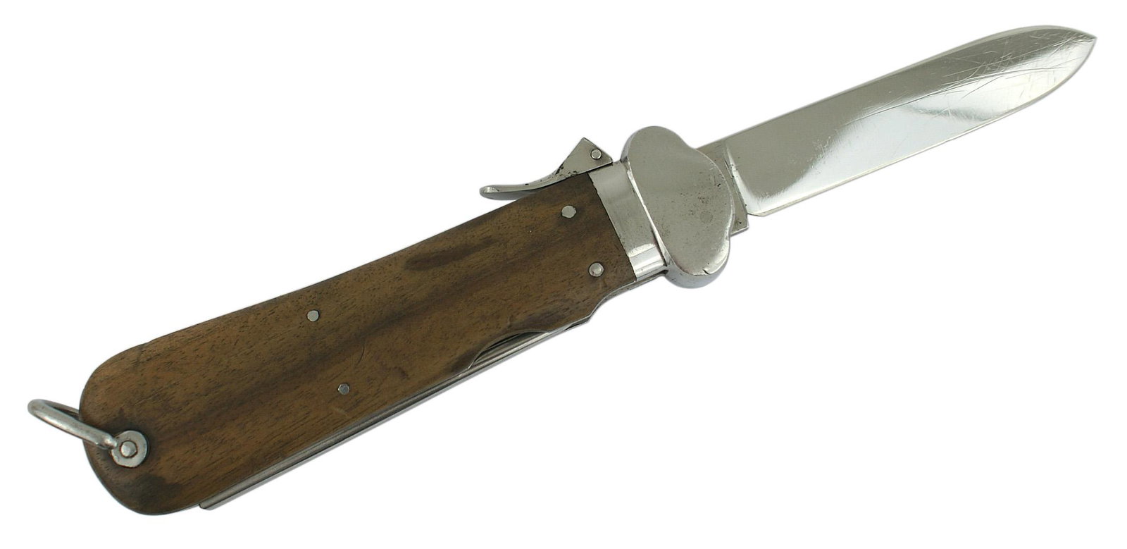 German WWII Luftwaffe paratrooper knife: D-020 German WWII Luftwaffe WWII paratrooper gravity knife. Nickeled end cap, locking lever, pick, spine and swivel loop for lanyard. 4 1/8" polished blade marked with maker's logo of a sword, "PAUL W