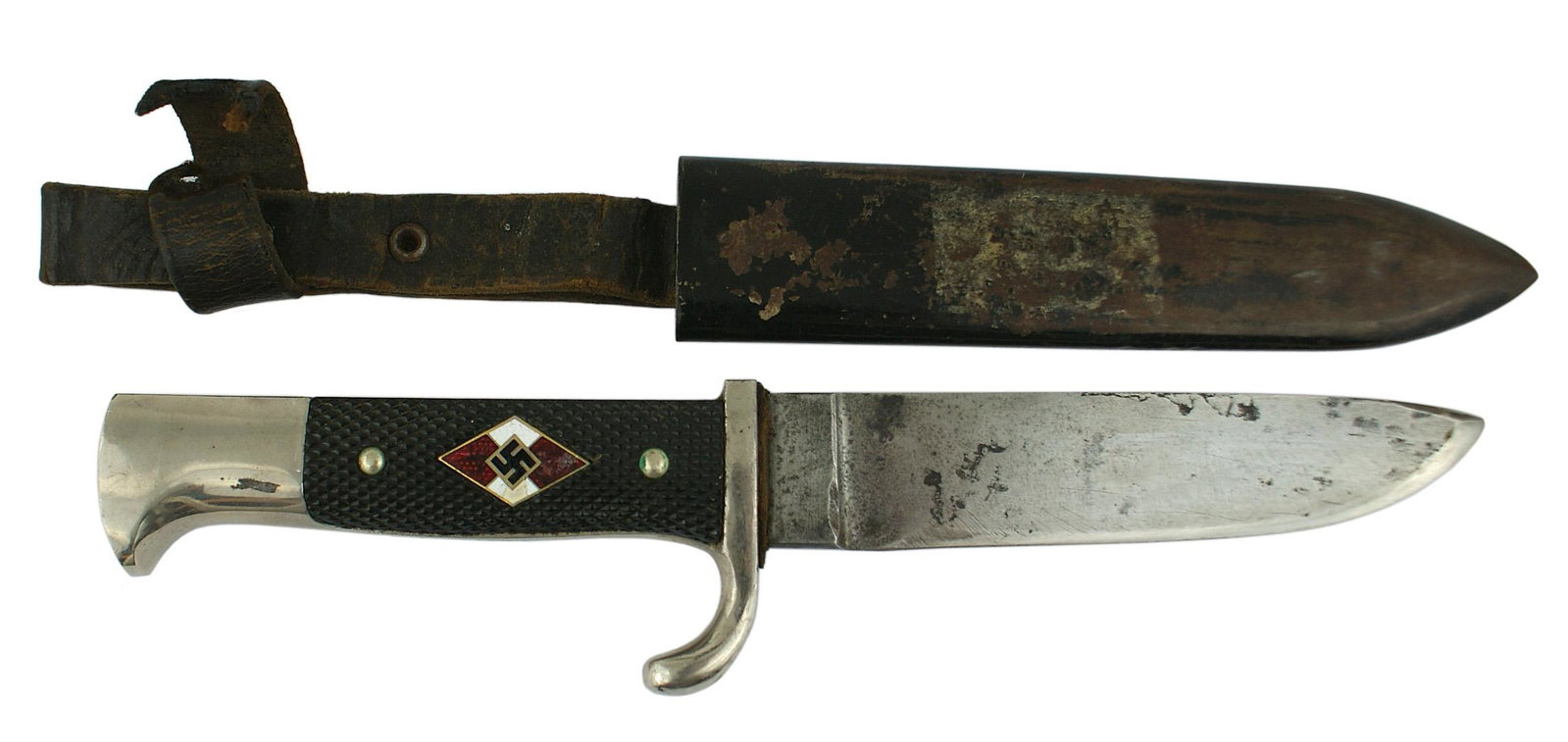 German WWII HJ Hitler Youth dagger: D-022 German WWII HJ (Hitler Youth) dagger. Nickeled "bird-head" pommel and turned-up short cross gurd. Swastika on a red/white enameled "diamond" set into the checkered black bakelite grip. 5 1/4" po
