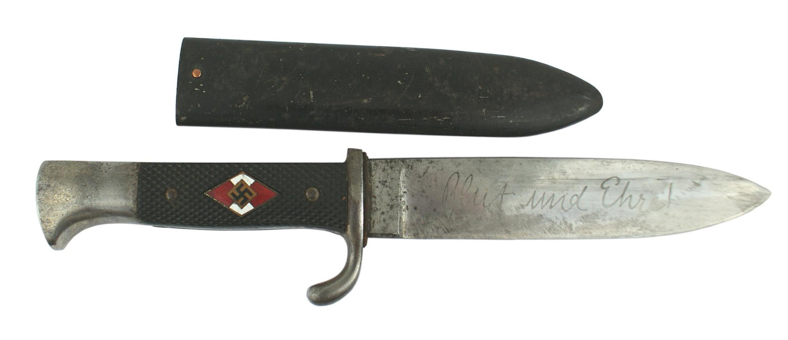 German WWII HJ Hitler Youth dagger: D-024 German WWII HJ (Hitler Youth) dagger. Nickeled "bird-head" pommel and turned-up short cross guard. Swastika on a red/white enameled "diamond" set into the checkered black bakelite grip. 5 1/4" w