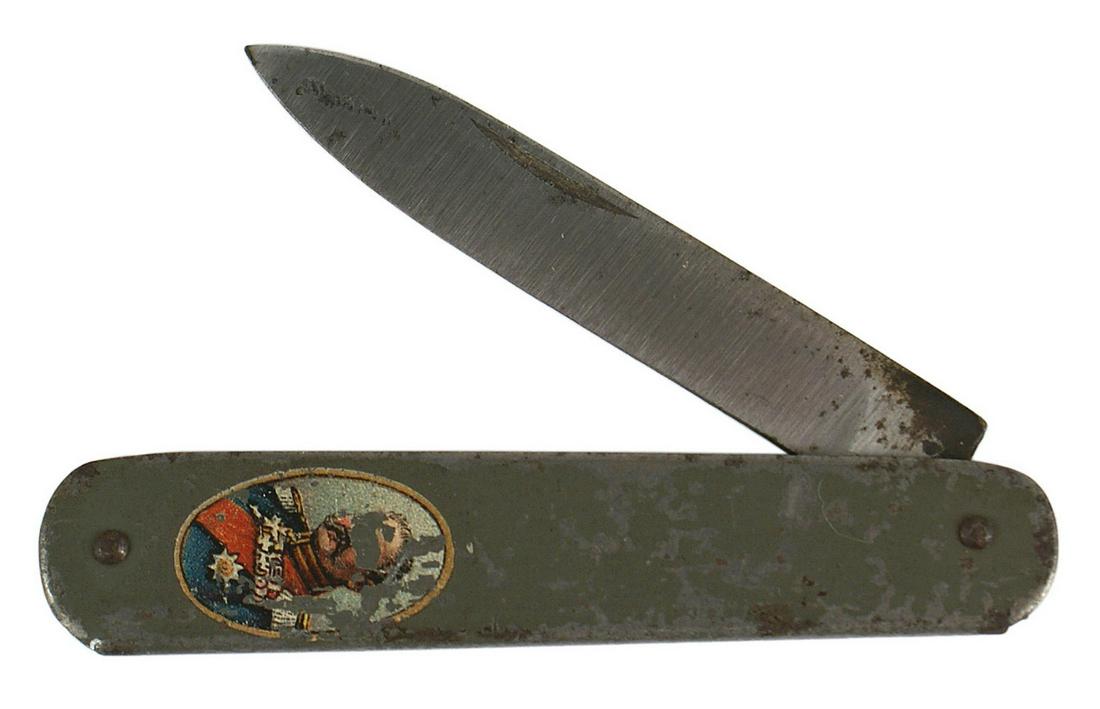 German patriotic pocket knife: D-035 German WWI. Patriotic pocket knife. Feld-grau iron body. Oval colorful portrait of Field Marshall Hindenburg-shows some scratches 2 1/8" clean blade. About II