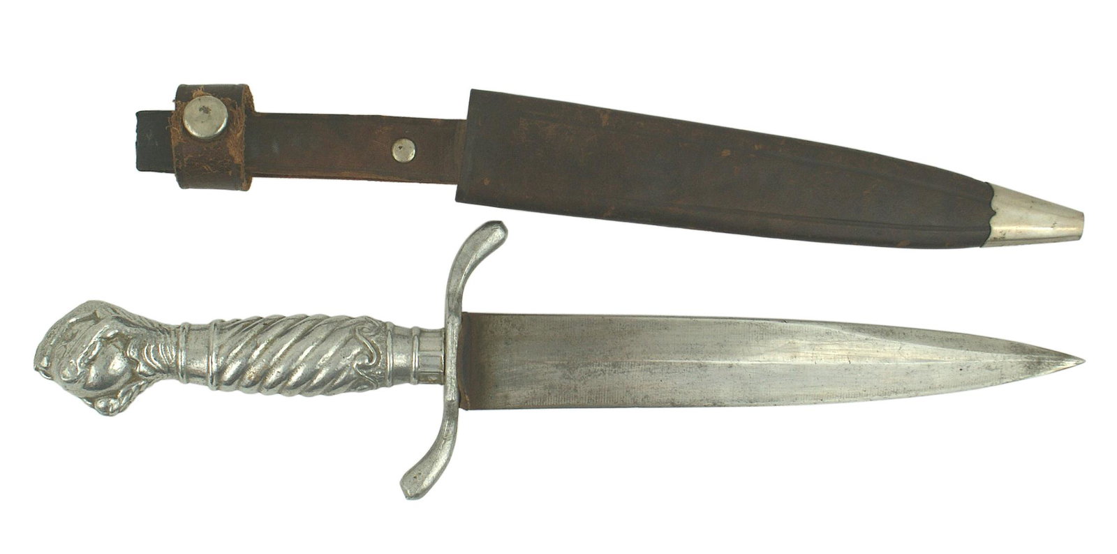Post WWII German souvenir claw dagger: D-036 Post WWII souvenir dagger. One - piece metal grip culminating into a claw holding a ball pommel. 6 1/4" dagger blade is marked "KORIUMFORGED SOLINGEN STEEL - MADE IN GERMANY". Leather scabbard. 