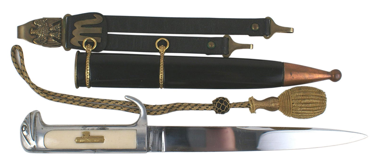 Italian Fascist PNF MVSN M1937 dress dagger: D-040 Italian Fascist P.N.F., M.V.S.N. and high leaders M1937 dress dagger. One-piece aluminum grip, eagle head pommel and turned up cross guard. Center grip consists of a white bakelite- celluloid ce