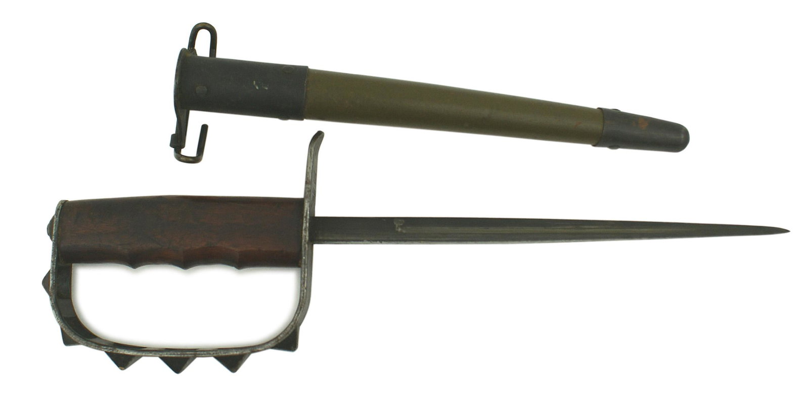 US WWI 1917 trench knife: D-050 US WWI 1917 trench knife. One-piece steel, reverse "D" knuckle-bow with a center row of 6 "pyramid" type projections. Marked "AC. Co. - USA - 1917". One piece, finger - fitted wood grip with a b