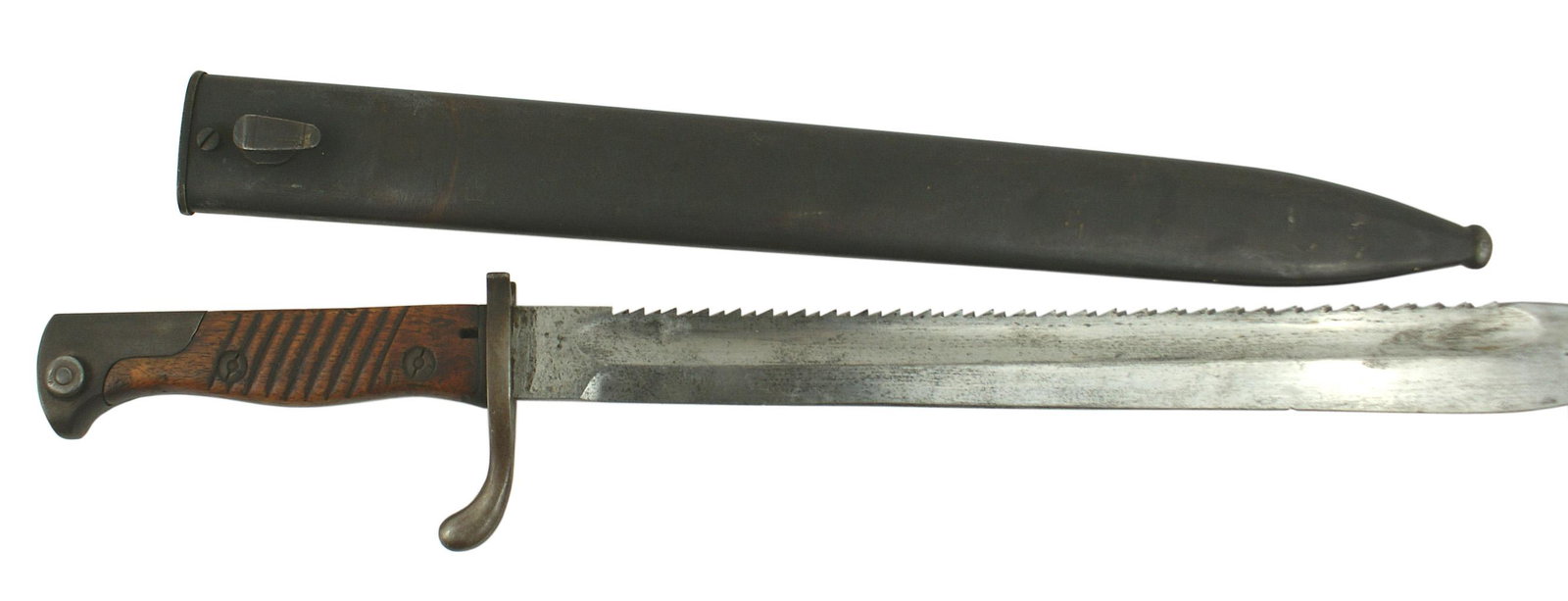 German Pioneer Seitengewehr bayonet: D-061 German M1898/02 Pioneer "Seitengewher". Steel pommel and turned - up crossguard. Ribbed wood grips, clean, 14 1/2" "butcher" blade with a sawback edge. Maker marked "C. G. HAENNEL - SUHL" Steel 