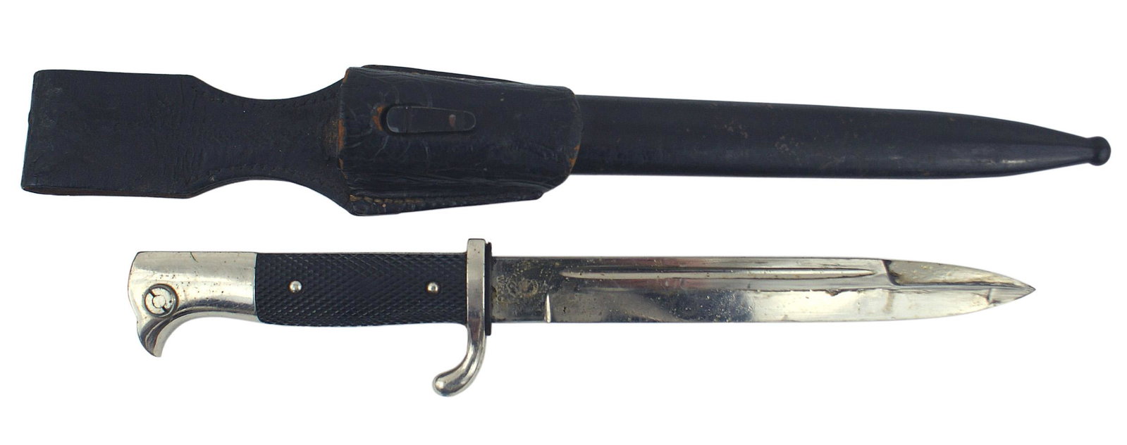 German WWII K98 dress bayonet: D-064 German WWII K-98 dress bayonet. Nickeled "bird head" pommel, (red insert) and turned up crossguard. Checkered black plastic grips. Excellent 7 1/2" clean blade marked with the "WKC" Knights helm