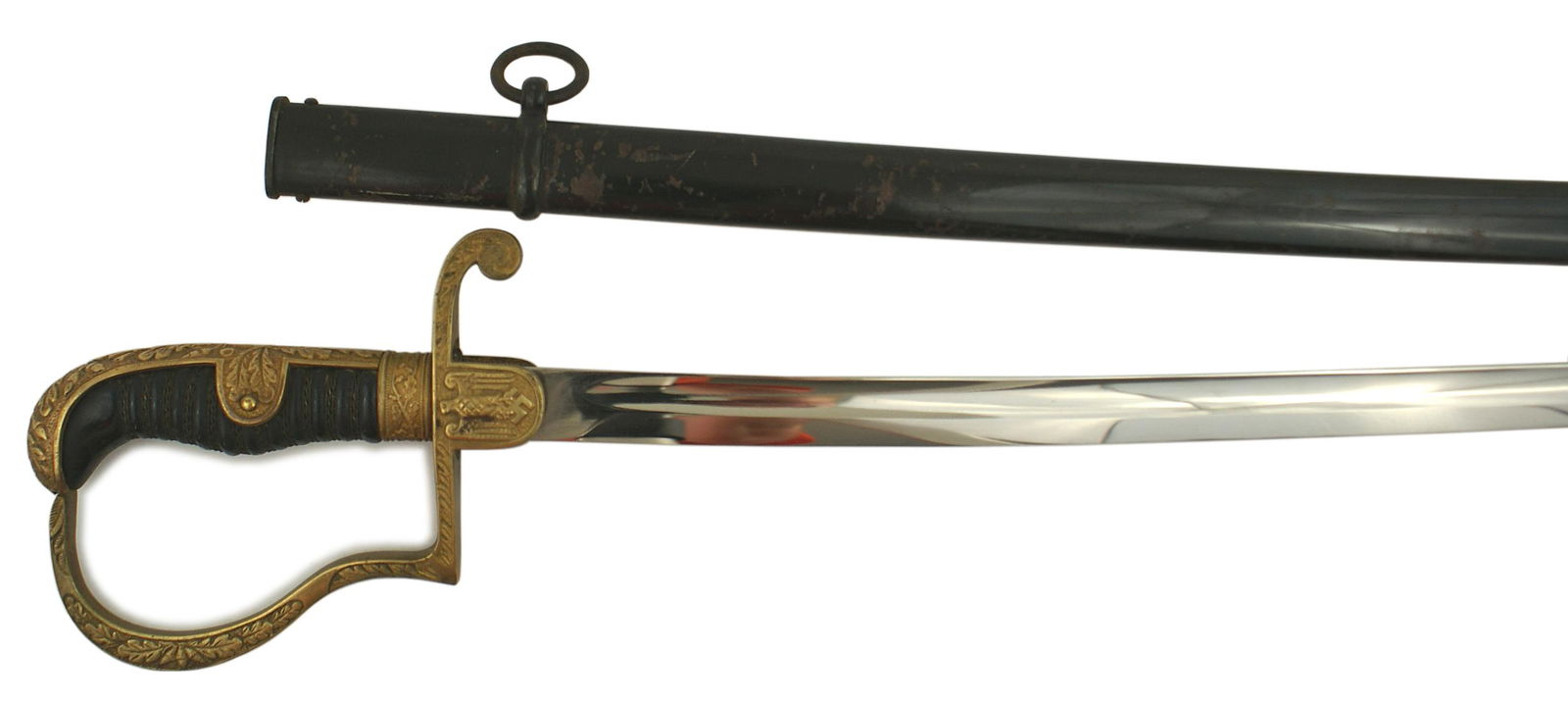German Army WWII dress sword No. 1060: D-076 German Army WWII dress sword, No. 1060, made by the firm of WKC. Gilt brass relief oak leaf decorated backstrap, pommel and flat knuckle-bow. Relief gilt eagle/swastika on langet. Wire wrapped b