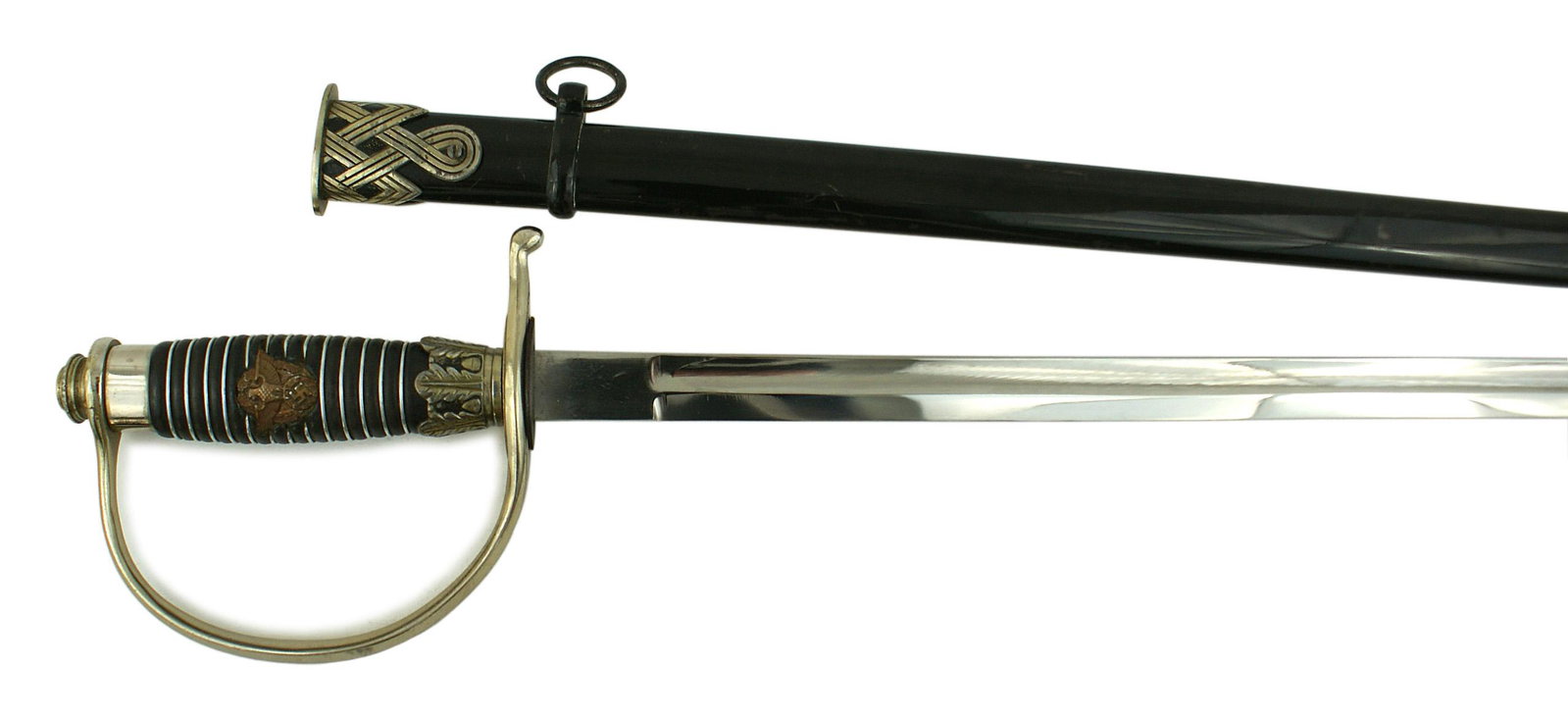 German WWII Police officer dress sword: D-080 Third Reich Police Officer dress sword. Nickeled reverse "D" knuckle bow and sun rays screw-down pommel. Relief Police eagle/ swastika/oak leaf wreath insignia mounted on the wire wrapped wood g