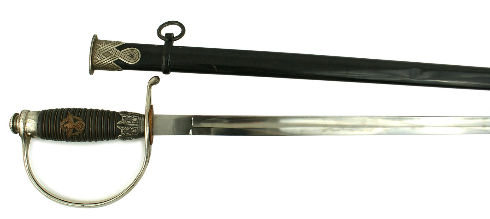 German WWII Police officer dress sword: D-082 Third Reich Police Officer dress sword. Nickeled reverse "D" knuckle bow and sun rays screw-down pommel. Relief Police eagle/swastika/oak leaf insignia mounted on the wire wrapped wood grip. 31 