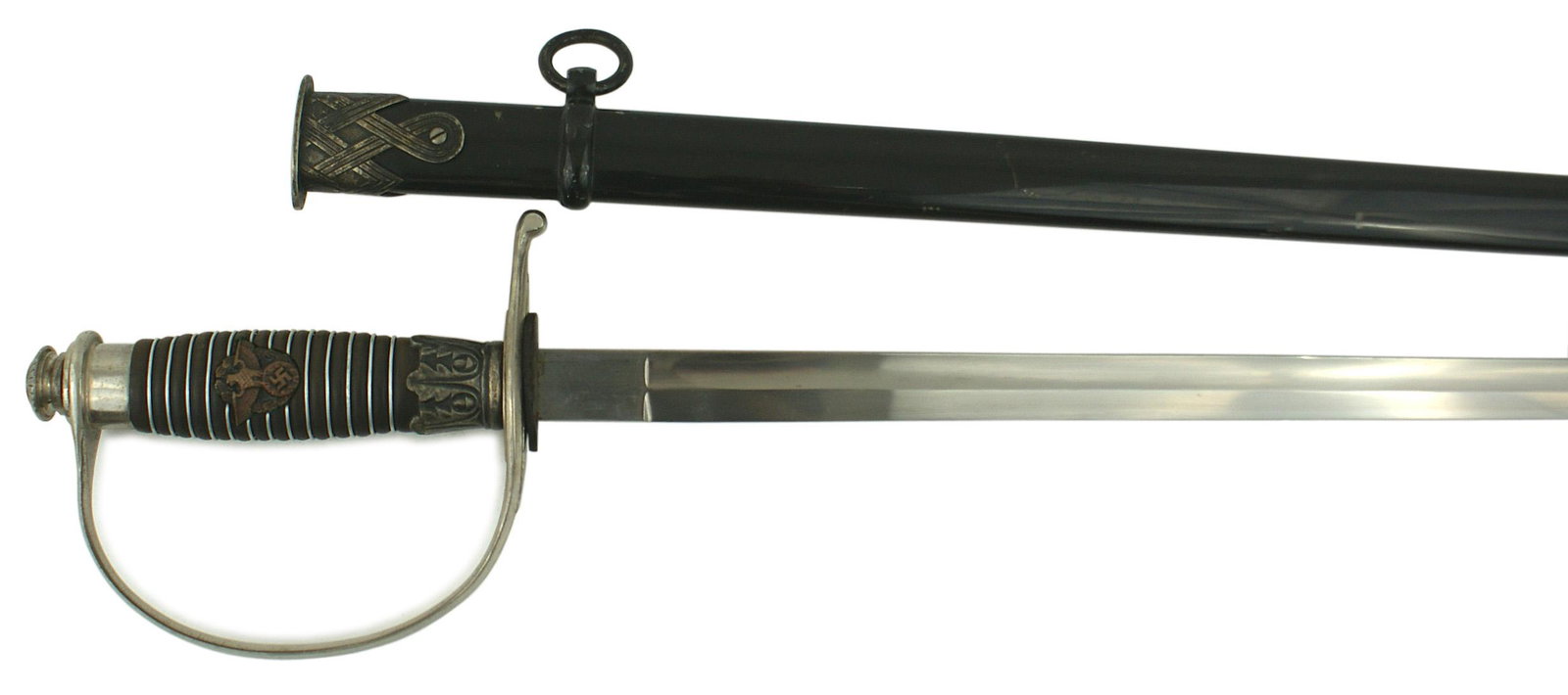 German WWII Police officer dress sword: D-083 Third Reich Police Officers dress sword. Nickeled reverse "D" knuckle bow and sun rays screw-down pommel. Relief Police eagle/swastika/oak leaf wreath insignia mounted on the wire wrapped wood g