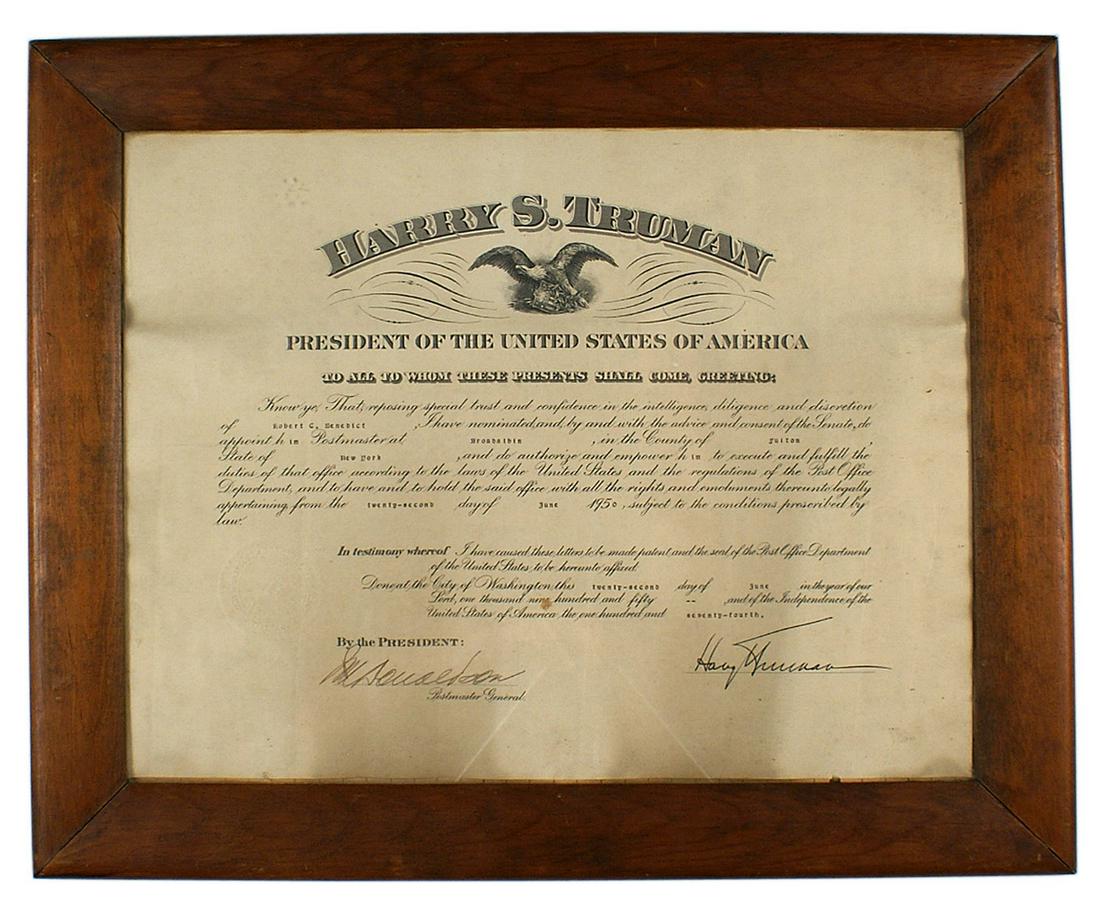 Presidential Appointment Certificate Truman signature: S-010 Presidential Appointment Certificate naming Robert C. Benedict as Postmaster of Broadalbin, County of Fulton, State of New York. Dated 22 June 1950 and signed in ink by J.M. Donaldson, the Postm
