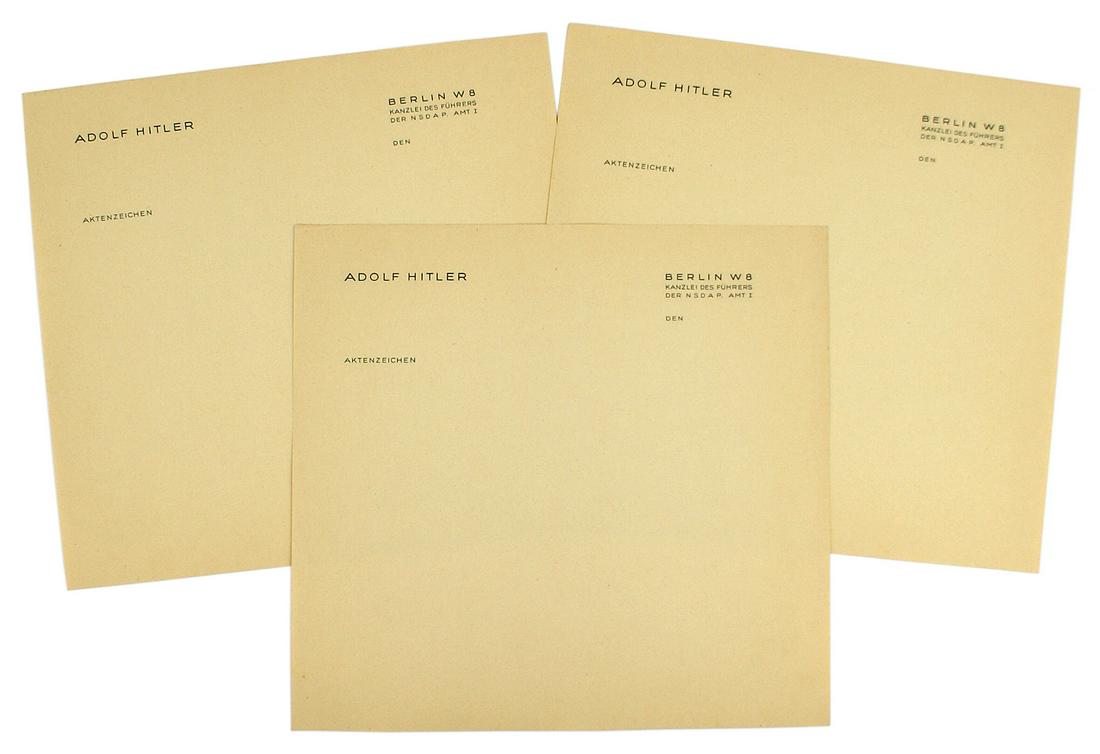 Lot of 3 ADOLF HITLER AKTENZEICHEN letterheads: A-005 Lot of 3 original "ADOLF HITLER - AKTENZEICHEN" letterheads. Also, with "BERLIN W8 - KANZLEI DES FUHRERS - DER N.S.D.A.P. AMT 1". This is for "REFERENCE TO". Hitler's response. I
