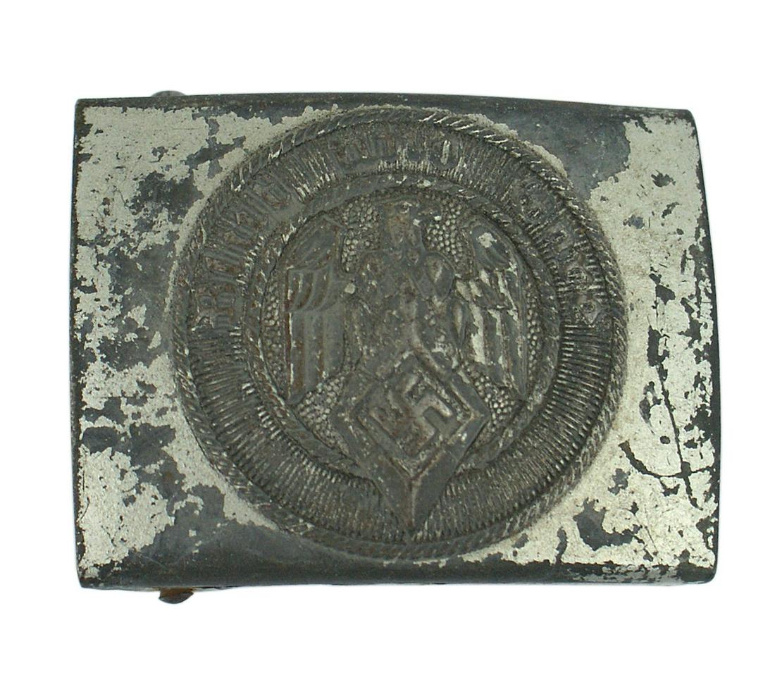 German WWII Hitler Youth belt buckle: H-017 German WWII Hitler Youth belt buckle. Steel. Relief eagle/diamond/swastika and "Blut und Ehre". Silver finish only remains on borders of the center. Reverse marked "RZMM4/22". II-