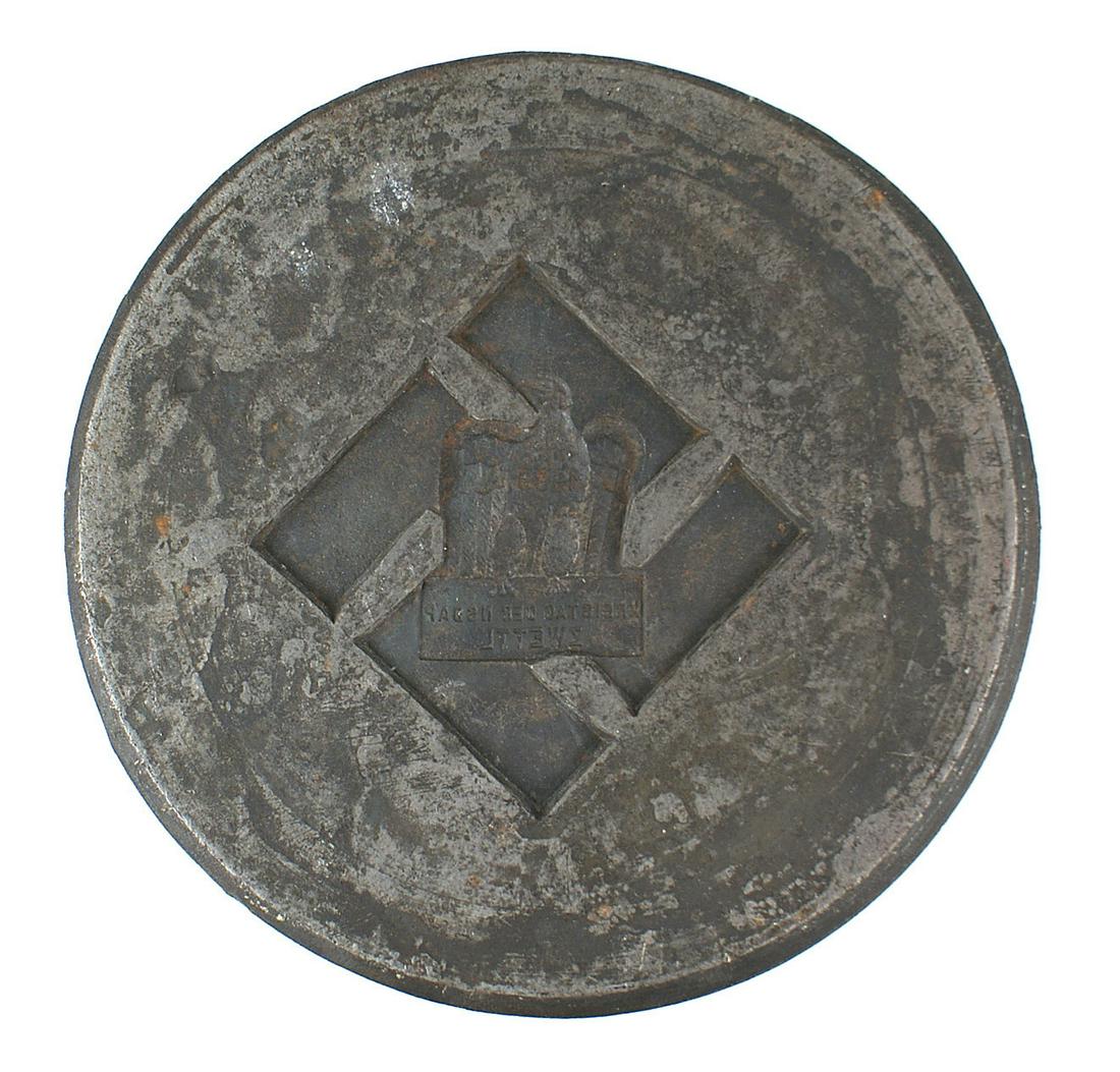 German WWII steel die tinnie KREISTAG DER NSDAP: H-087 Third-Reich steel die (front half) for a "tinnie" - the "1933 KREISTAG DER NSDAP - ZWETTL". Opposite side used post-war for a "STADTPOLIZEI LAUF" badge. Weight 7 1/4 lbs. II