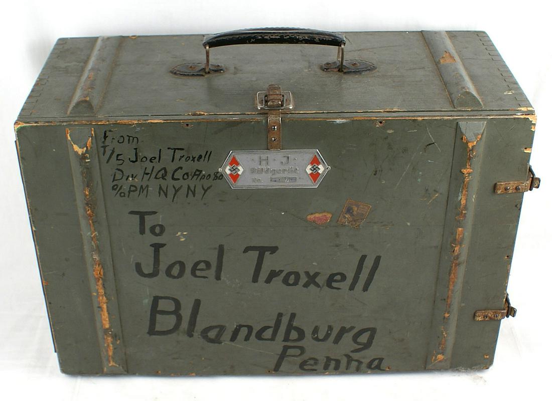 German WWII Hitler Youth filmstrip projector: H-094 German WWII Hitler Youth filmstrip projector. Complete with lens, spool holders, cords and switches. Large metal tag with two HJ "diamonds" and "HJ Bildgerat". Side of metal frame in back of len