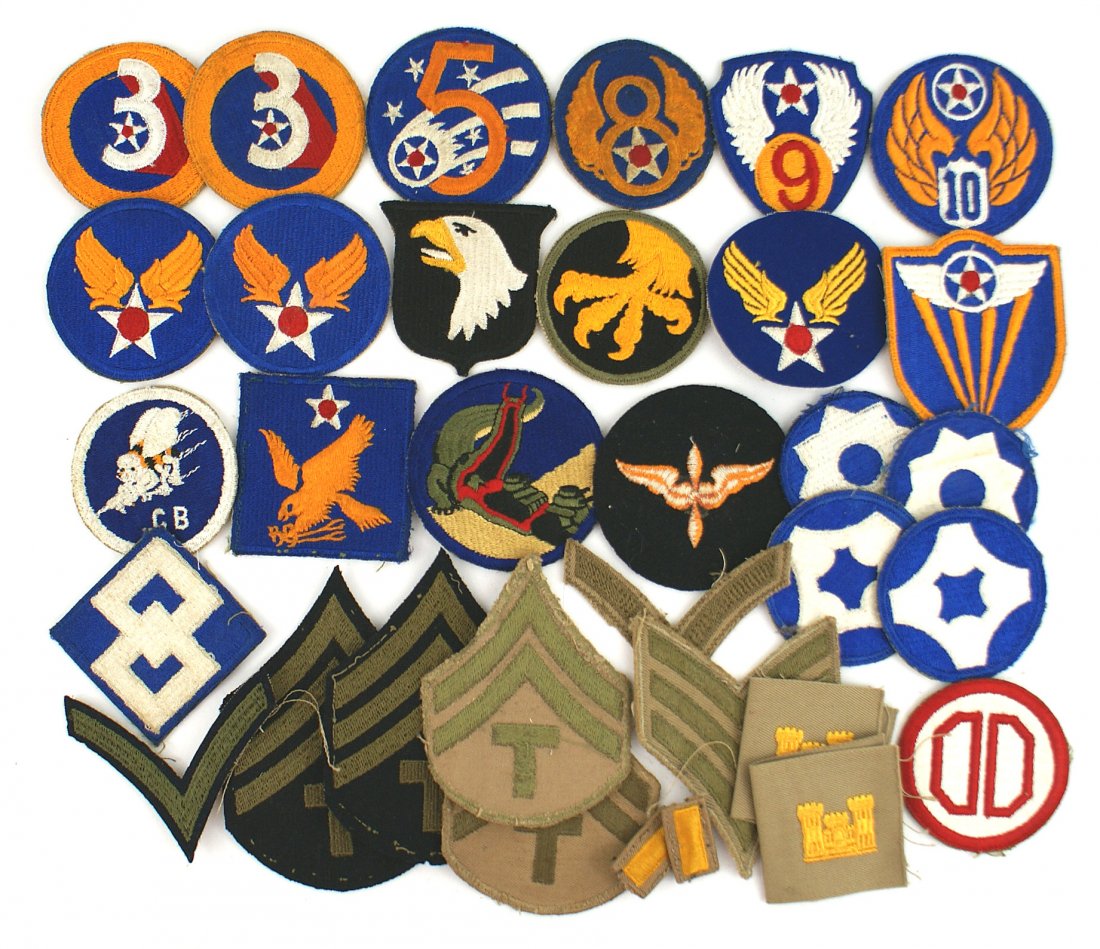 Lot of 50 US WWII embroidered patches: H-118 Lot of 50 US WWII embroidered patches. Includes: 11th and 101st (white tongue) Airborne; Cavalry Divisions - 1st, 2nd, 3rd, 62nd, 64th, 65th; Armies - 2nd and two 8th; Corps - 3rd and 10th; Divi
