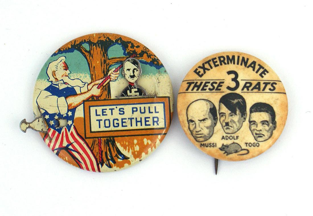 Lot of 2 US WWII propaganda pins Uncle Sam Hitler: H-139 Lot of 2 US WWII anti - Fascist propaganda celluloid lapel pins: (1) Uncle Sam hanging Hitler, "LET'S PULL TOGETHER". Press lever on side. 1 1/2" diameter. (2) "EXTERMINATE THESE 3 RATS' - heads