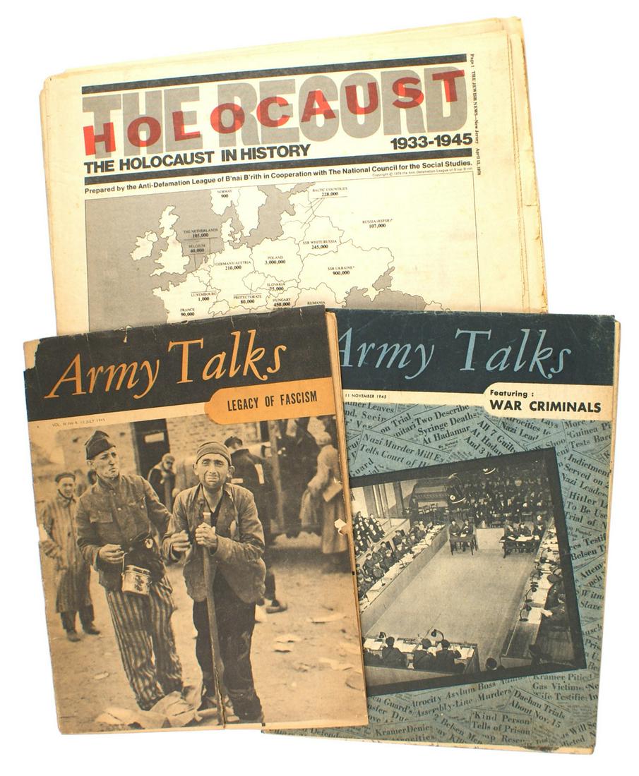 Material related to Holocaust US Army Talk: H-144 Lot of material related to the Holocaust: (1) "Army Talk" 10 July 1945 - "LEGACY OF FASCISM" documents Nazi atrocities. (2) "Army Talk" 11 November 1945 "WAR CRIMINALS" with biographies. (3) "TH