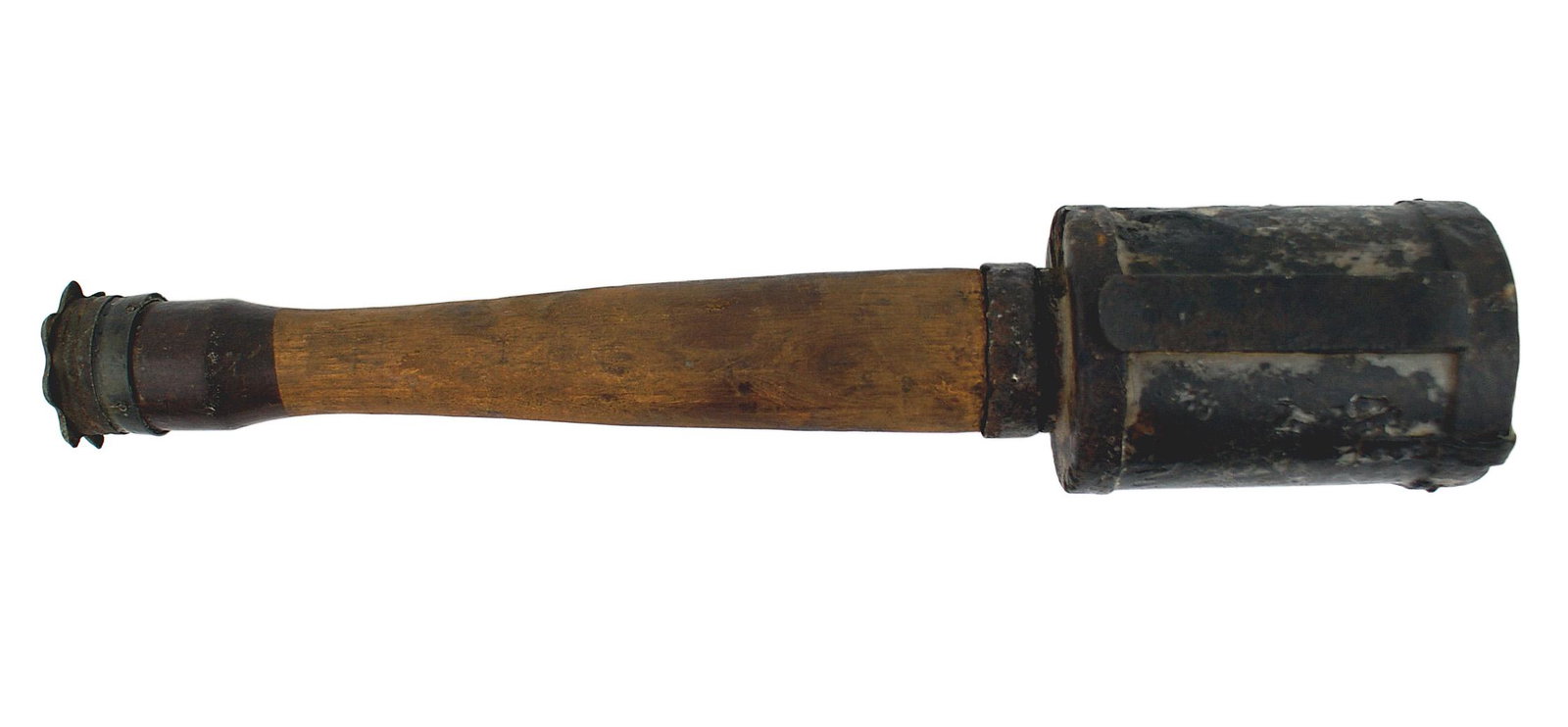 German WWI potato masher hand grenade: M-060 German WWI "potato masher" hand grenade. 4 1/2" "soup can" canister with an attached wide belt hook. Turned wood handle with a metal base and screw-on cap. Darkened shellac type coating on metal
