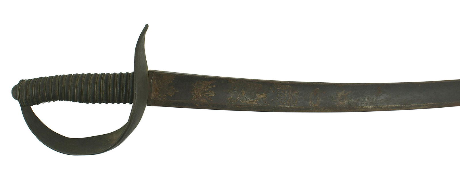 Early US Navy cutlass Barbary Circa 1805 - 10: K-002 Early US Navy Cutlass. Wire wrapped black leather grip. One - piece brass knuckle-bow/large cup guard. 28 1/2" curved blade with an angled clipped point. Broad fuller runs the entire length of t
