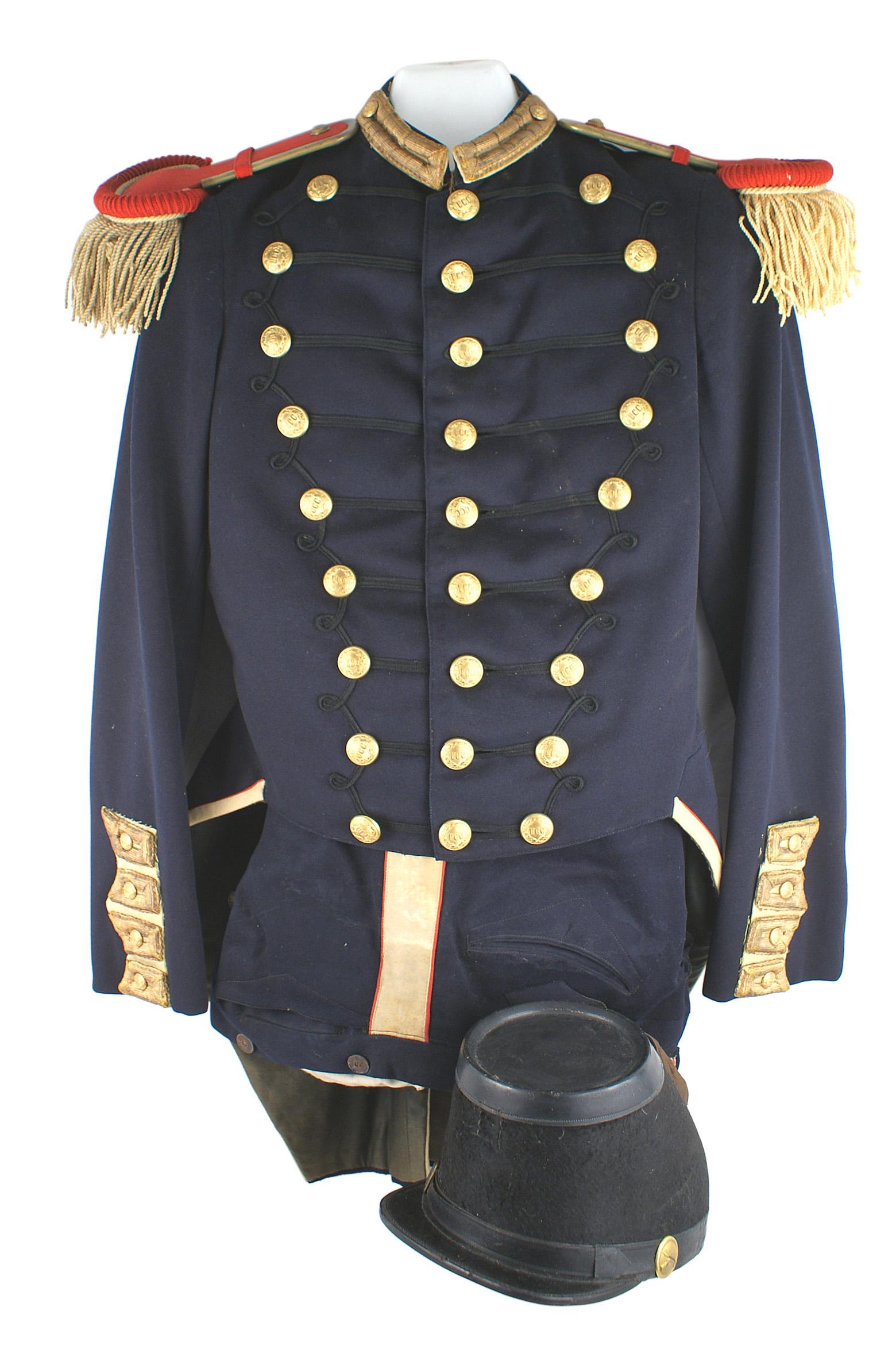 US Utica NY Citizen Corps uniform 1880s: K-019 Utica Citizen's Corps uniform: (1) Dark blue waist length coat with "tails". Standup collar with 1 1/4" x 4 1/4" high relief gold "tape" tabs with white inserts and a "UCC" button. Horizontal bl
