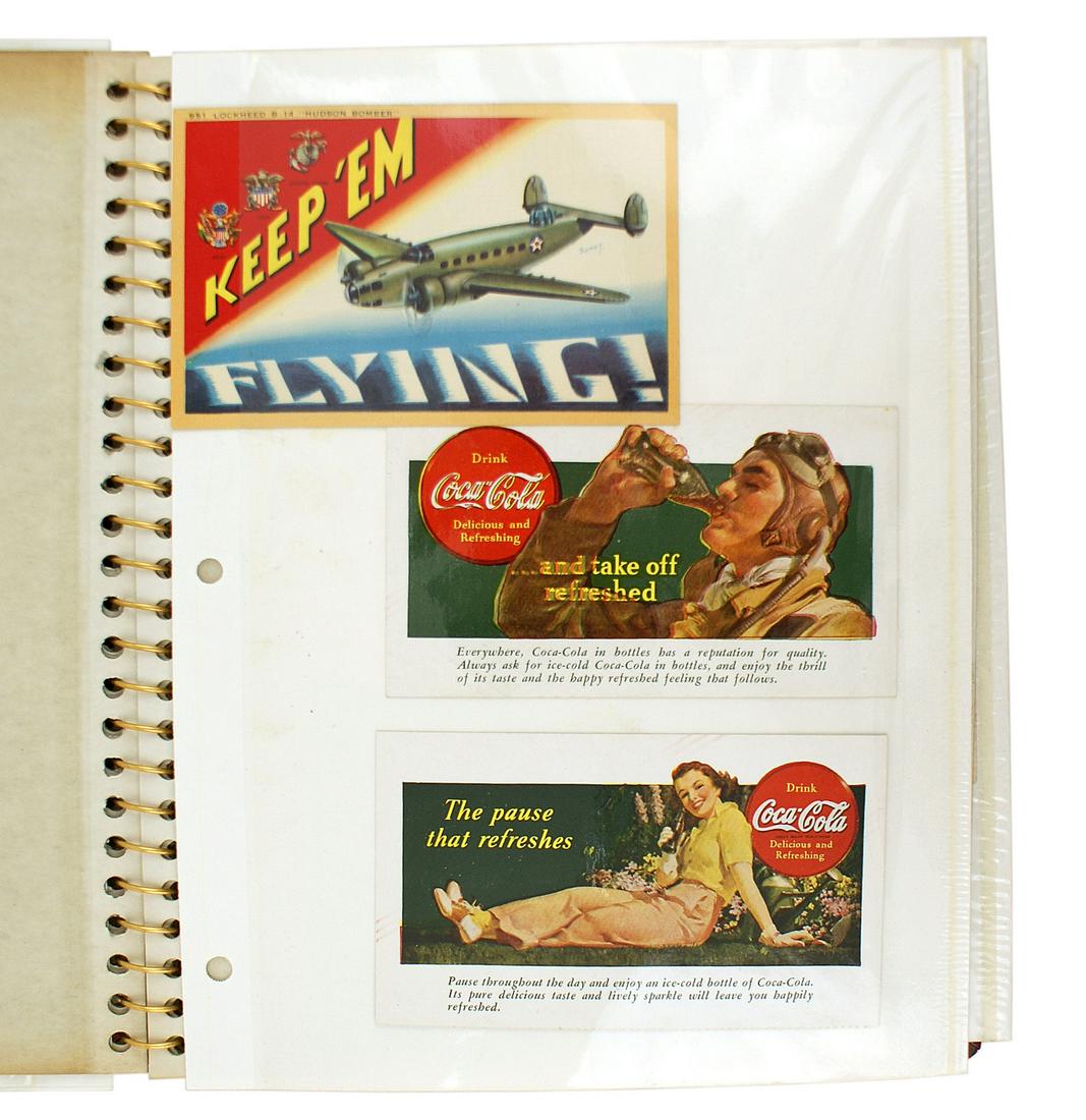 Collection of US WWII ephemera postcards etc: Q-015 Collection of WWII related ephemera. Includes (1) 5 "KEEP EM FLYING" postcards. (2) Eleven blotters (Mickey Mouse/SUNOCO, Coca Cola with an American pilot, with teenagers, etc.) (3) Thirty-eight