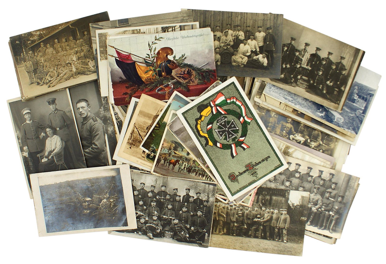 144 German Austrian WWI photo postcards: P-006 Lot of 144 German and Austrian WWI mostly photo-postcards of soldiers with comrades, single/group/unit portraits, in the field and miscellaneous. Most were mailed and have messages and/or unit s