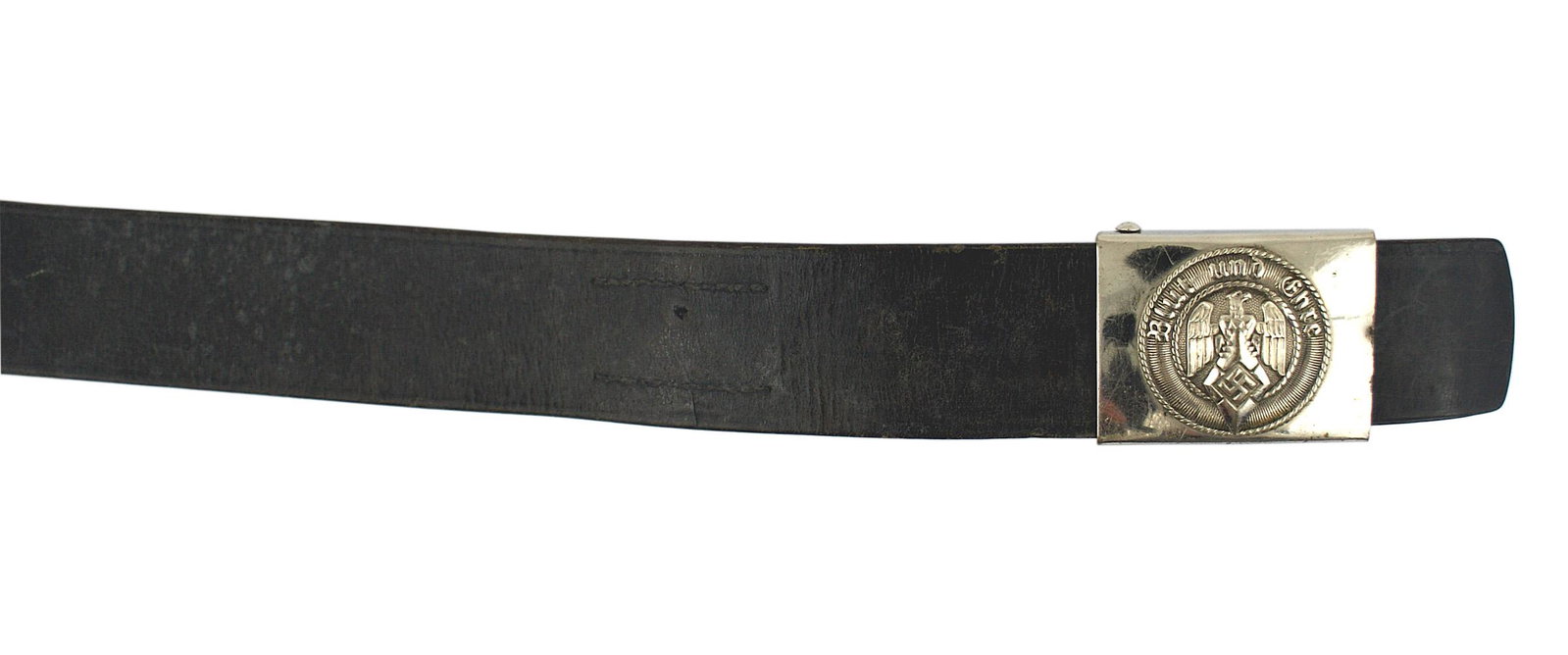 German WWII HJ Hitler Youth belt and buckle: F-050 German WWII HJ (Hitler Youth) belt and buckle. Nickeled buckle with "Blut und Ehre" above a relief eagle/swastika in a "diamond" - on a circle. Marked "KHM 4/49", "RZM" and "SL" (Steinhauer & Lu