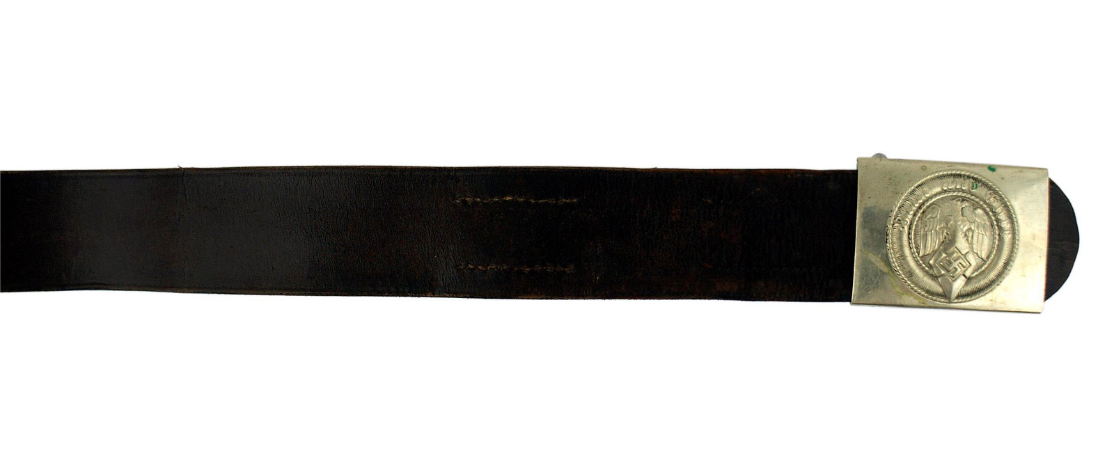 German WWII HJ Hitler Youth belt and buckle: F-051 German WWII HJ (Hitler Youth) belt and buckle. Nickeled buckle with "Blut und Ehre" above a relief eagle/swastika in a "diamond" - on a circle. Dark brown leather belt. Size 34. II