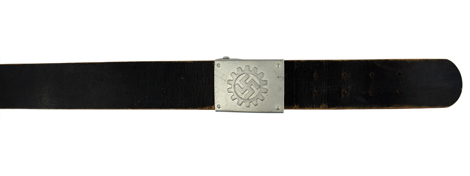 German WWII DAF Labor Front belt and buckle: F-052 Third-Reich DAF (German Labor Front) belt and buckle. Aluminum buckle with a relief cog wheel holding a swastika. Solid black leather belt. Size 40. II+