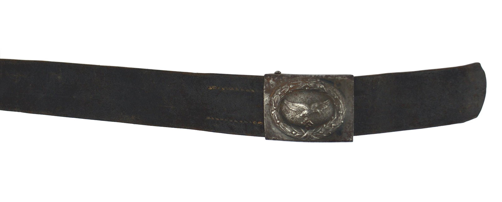 German WWII EM Army belt and buckle: F-055 German WWII EM Army belt and buckle. Relief eagle/swastika and "GOTT MIT UNS" on a pebbled aluminum buckle. Maker marked "N&H". Leather tab still attached. Dark brown leather belt shows wear. Ab