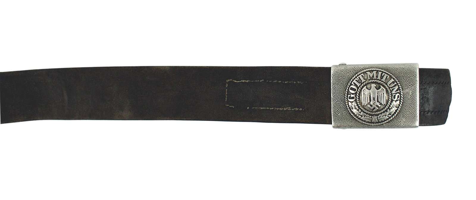 German WWII EM Army belt and buckle: F-056 German WWII EM Army belt and buckle. Relief eagle/swastika and "GOTT MIT UNS" on a pebbled aluminum buckle. One locking pin missing. Issue black leather belt with name of maker. Size 35. II