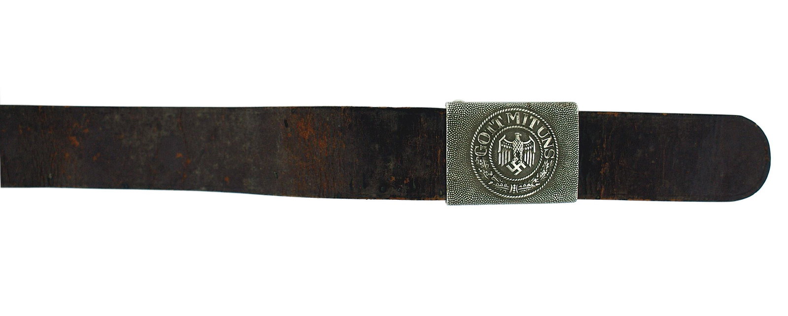 German WWII Luftwaffe EM belt and buckle: F-057 German WWII Luftwaffe EM belt and buckle. Most of blue-grey finish worn away on the steel buckle bearing a relief eagle/swastika within an oval oak leaf wreath. Issue black leather belt with nam